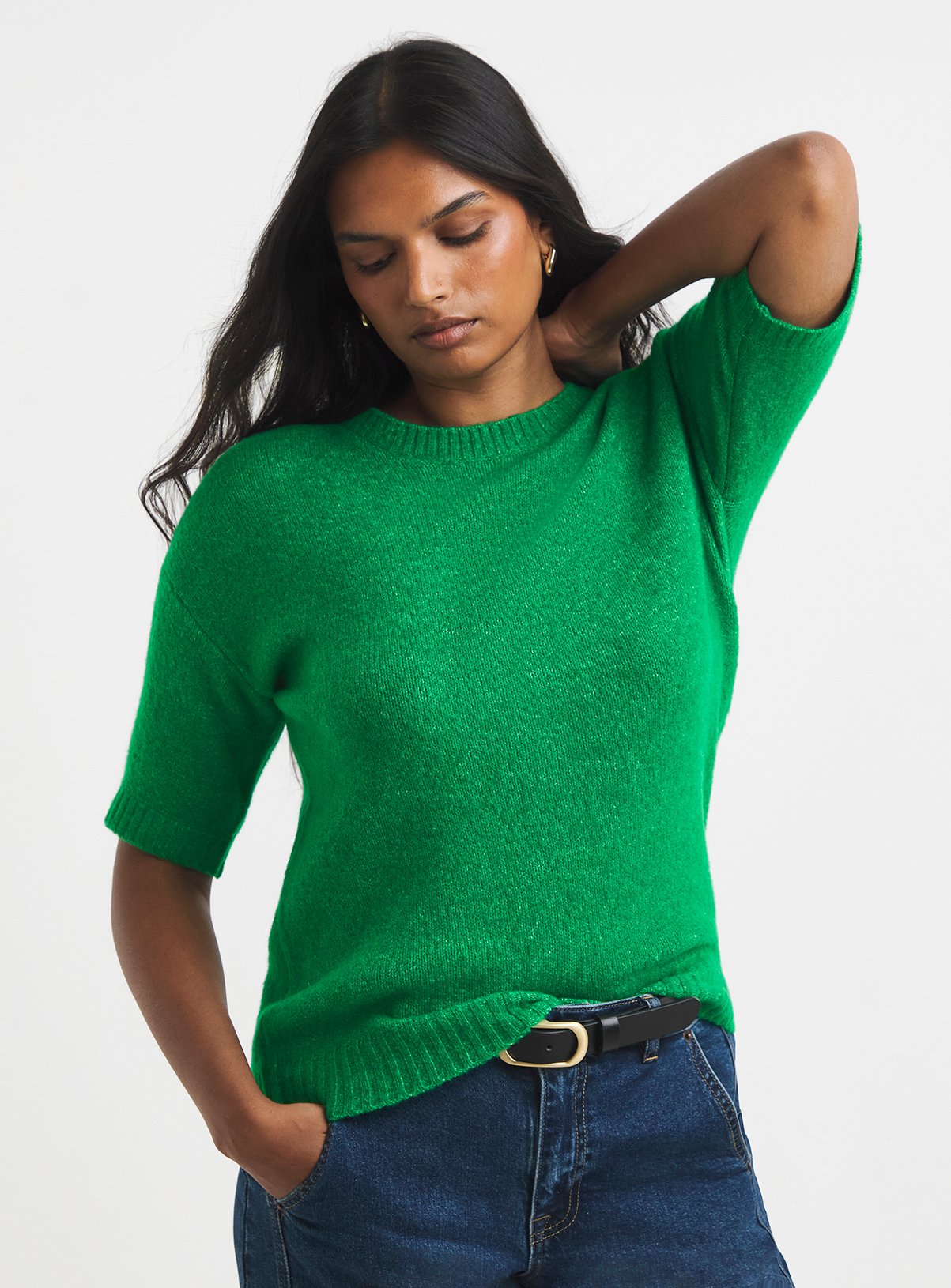SIMPLY BE Green Sponge Boxy Knitted T-Shirt With Wool 28-30 - Image 1 thumbnail